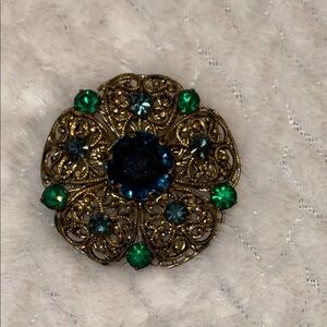 Antique Czech Filigree Flower Brooch Blue and Emerald Rhinestones Vintage